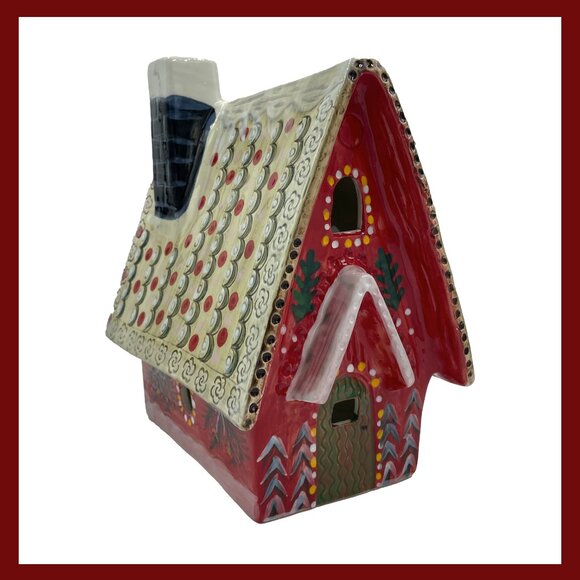 Anthropologie Nathalie Lete Holiday Village House Red Ceramic Tea Light Cottage